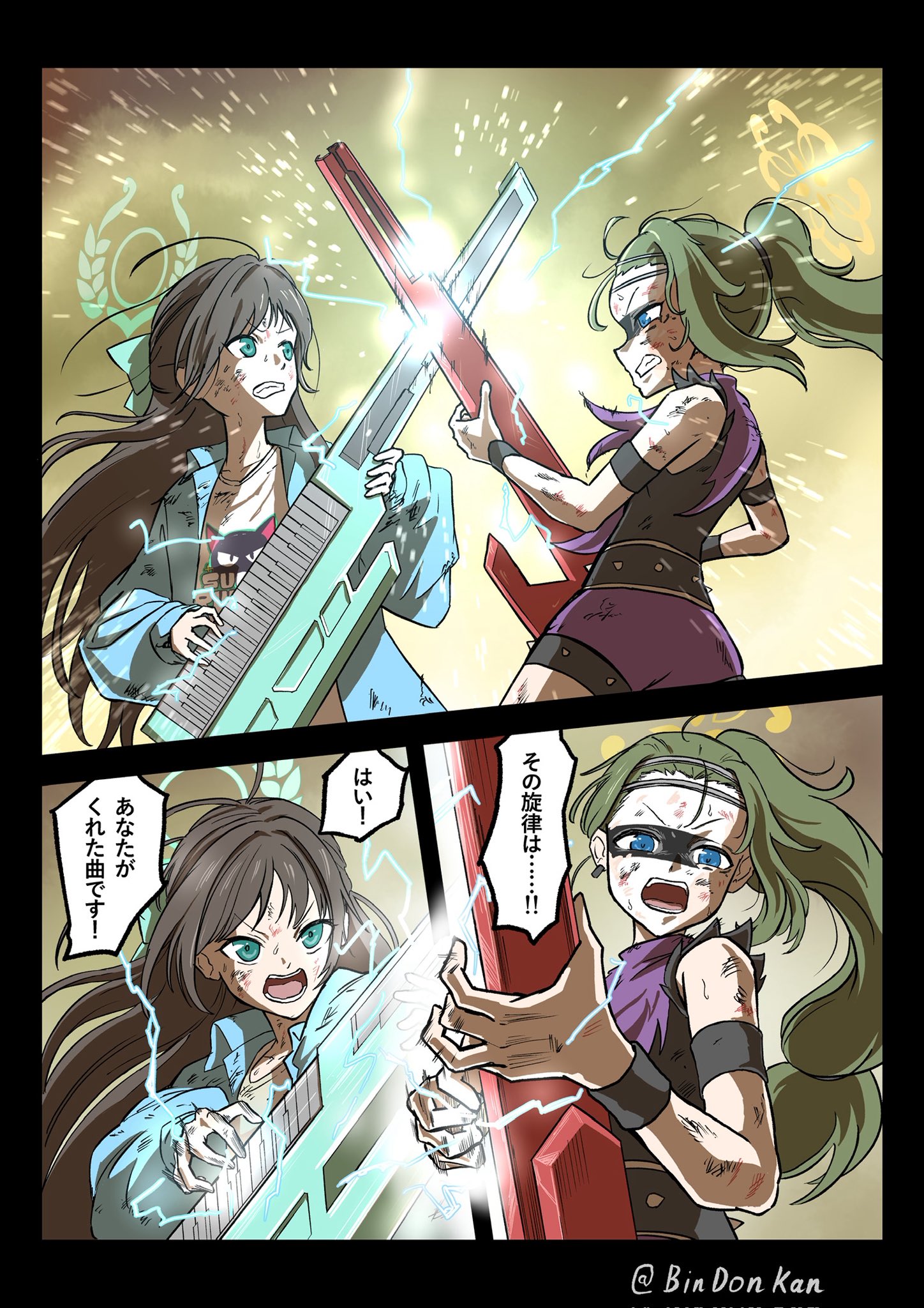 bindonkan, airi (band) (blue archive), airi (blue archive), tsumugi (blue archive), blue archive, death stranding 2: on the beach, highres, 2girls, bare arms, black metal, bow, brown hair, clenched teeth, coat, confrontation, electric guitar, eye contact, green hair, guitar, hair bow, halo, holding, holding guitar, holding instrument, instrument, long hair, looking at another, multiple girls, music, official alternate costume, open clothes, open coat, open mouth, piano keys, playing guitar, playing instrument, ponytail, print shirt, shirt, sleeveless, smashing guitar, teeth, wristband