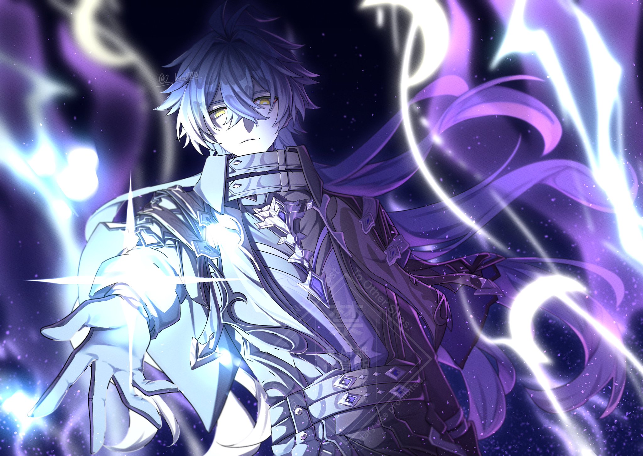 zack (z kuu0720), flins (genshin impact), genshin impact, commentary, english commentary, highres, 1boy, belt, black belt, blue hair, closed mouth, collared jacket, cowboy shot, crossed bangs, electricity, empty eyes, floating hair, gloves, hair between eyes, jacket, long hair, long sleeves, looking at viewer, male focus, multiple belts, night, night sky, open clothes, open jacket, outstretched arm, sky, solo, star (sky), starry sky, very long hair, wing collar, yellow eyes
