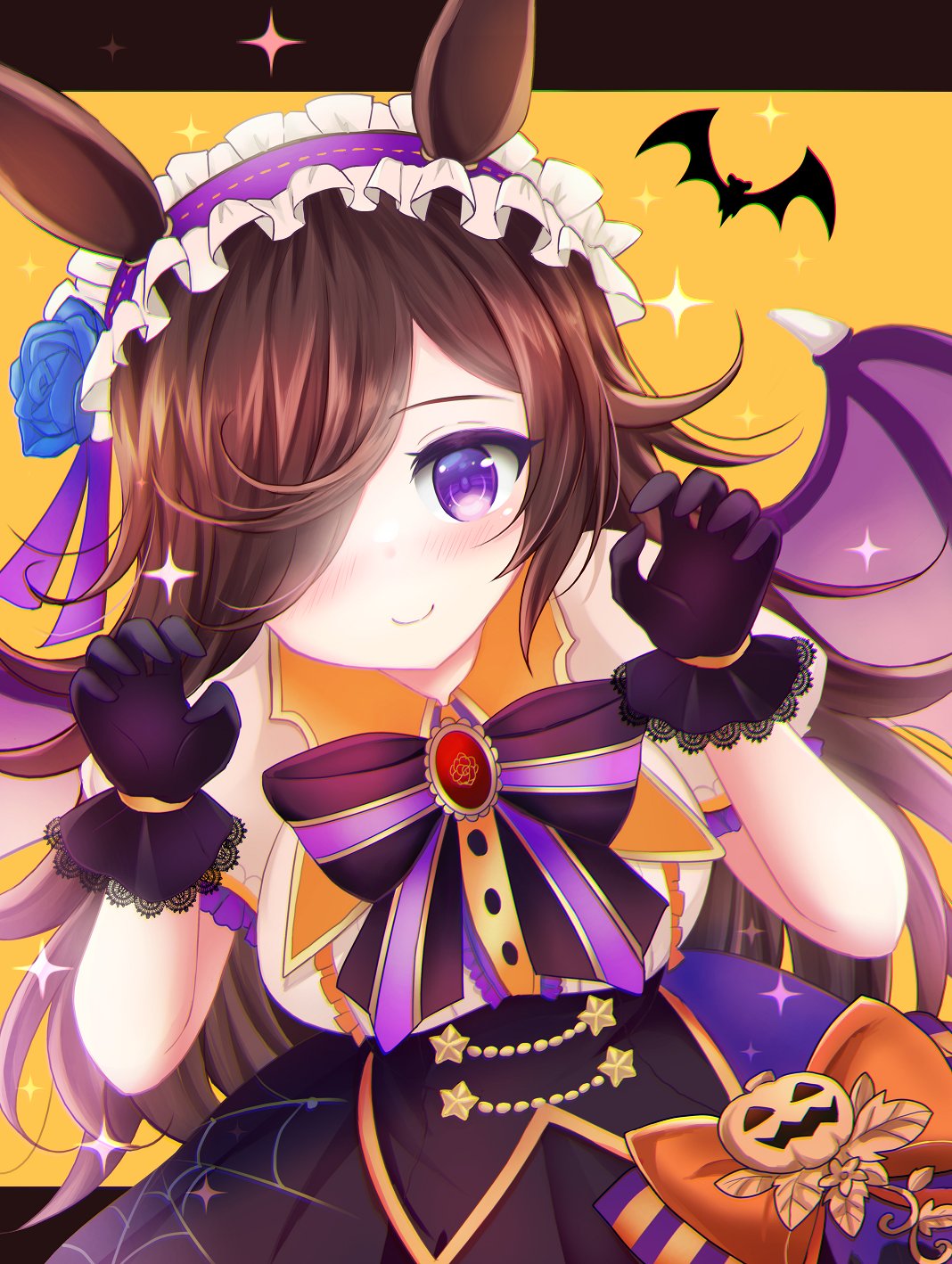 terimuku, rice shower (make up vampire!) (umamusume), rice shower (umamusume), umamusume, commentary request, highres, 1girl, animal, animal ears, bat (animal), bat wings, black gloves, black skirt, blue flower, blue rose, blush, bow, breasts, brown bow, brown hair, center frills, claw pose, closed mouth, flower, frilled hairband, frills, gloves, hair over one eye, hairband, hands up, horse ears, lace, lace-trimmed gloves, lace trim, letterboxed, long hair, looking at viewer, medium breasts, puffy short sleeves, puffy sleeves, purple eyes, purple hairband, purple wings, rose, shirt, short sleeves, skirt, smile, solo, sparkle, striped bow, very long hair, white shirt, wings, yellow background