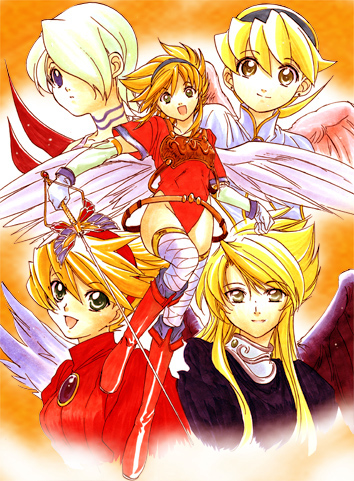 heizo, nina (breath of fire i), nina (breath of fire ii), nina (breath of fire iii), nina (breath of fire iv), nina (breath of fire v), breath of fire, breath of fire i, breath of fire ii, breath of fire iii, breath of fire iv, breath of fire v, capcom, lowres, 5girls, angel wings, black wings, blonde hair, boots, breasts, dress, hairband, knee boots, leotard, long hair, medium breasts, multiple girls, red leotard, red wings, short hair, thighhighs, white wings, wings
