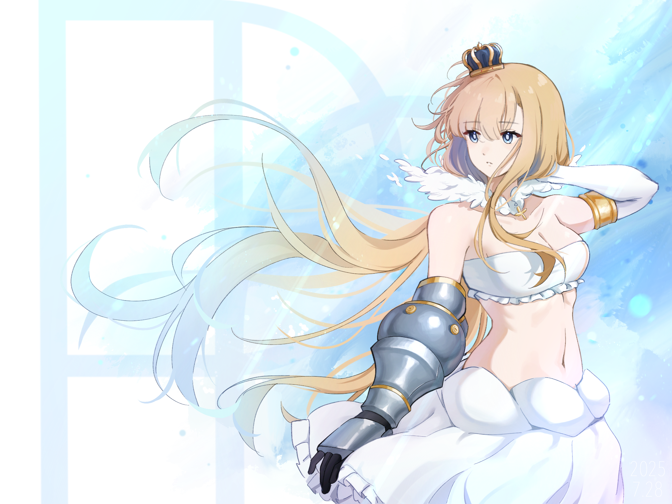 uko tiao, original, commentary request, highres, 1girl, arm up, armlet, bare shoulders, black gloves, blonde hair, blue eyes, breasts, bubble skirt, cleavage, collarbone, cowboy shot, crown, detached sleeves, floating hair, gauntlets, gloves, jewelry, long hair, medium breasts, midriff, mini crown, navel, parted lips, sidelocks, single detached sleeve, single gauntlet, single glove, skirt, solo, standing, strapless, tube top, white skirt, white sleeves, white tube top