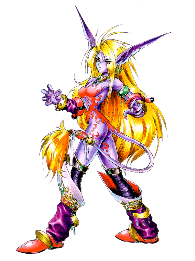 katt (breath of fire), breath of fire, breath of fire ii, capcom, official art, 1990s (style), 1girl, animal ears, blonde hair, boots, cat ears, cat tail, female focus, full body, knee boots, no nipples, nude, red eyes, retro artstyle, solo, standing, tail, white background