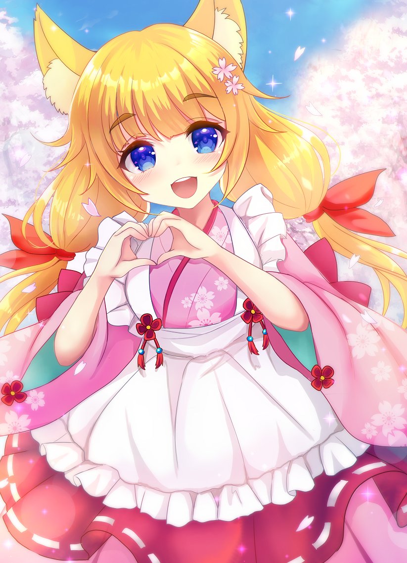 terimuku, original, commentary request, 1girl, :d, animal ear fluff, animal ears, apron, blonde hair, blue eyes, blue sky, blush, day, floral print, fox ears, frilled apron, frills, hair ribbon, hands up, heart, heart hands, japanese clothes, kimono, long hair, long sleeves, looking at viewer, low twintails, maid, open mouth, outdoors, petals, pink kimono, pleated skirt, print kimono, red ribbon, red skirt, ribbon, ribbon-trimmed skirt, ribbon trim, skirt, sky, smile, solo, thick eyebrows, twintails, very long hair, wa maid, white apron, wide sleeves