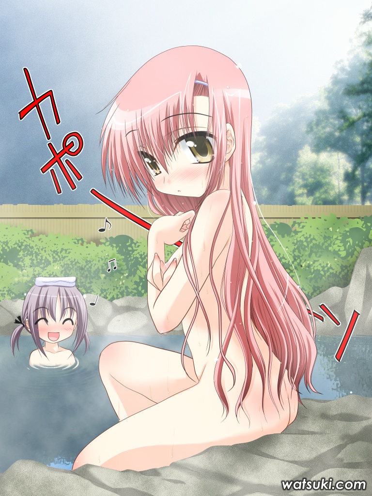 watsuki ayamo, katsura hinagiku, nishizawa ayumu, hayate no gotoku!, 00s, 2girls, bath, beamed quavers, long hair, multiple girls, musical note, nipple stimulation, nipple tweak, nipples, nude, onsen, pink hair, purple hair, quaver, towel, towel on head, yellow eyes
