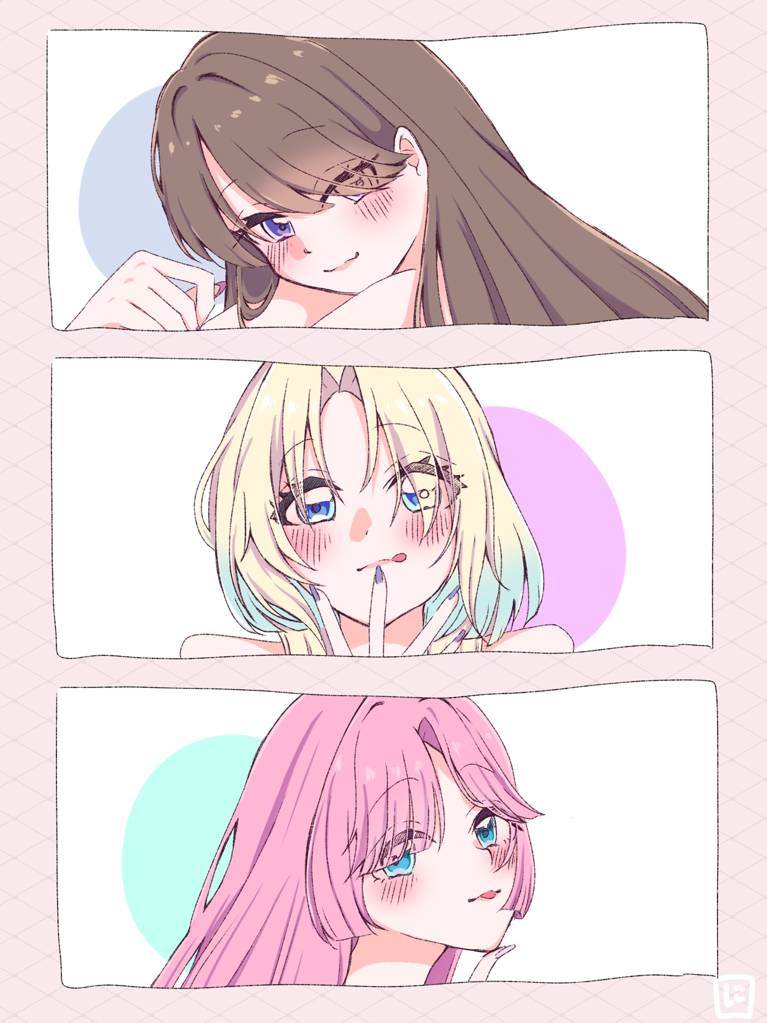 anyoji hime, fujishima megumi, osawa rurino, link! like! love live!, love live!, commentary, highres, 3girls, :p, bare shoulders, blonde hair, blue eyes, blue hair, blush, brown hair, closed mouth, curtained hair, gradient hair, hair down, long hair, looking at viewer, mira-cra park!, multicolored hair, multiple girls, nico yoha 0, parted bangs, pink hair, purple eyes, smile, tongue, tongue out, virtual youtuber