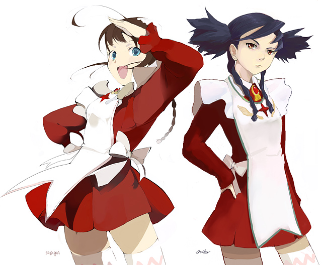 kaede (sayappa), sayappa, arika yumemiya, nina wang, my-otome, bad id, 00s, 2girls, :d, apron, blue eyes, blue hair, bow, brown eyes, brown hair, garderobe uniform, hand on own hip, looking at viewer, multiple girls, open mouth, salute, smile, thighhighs, twintails, zettai ryouiki