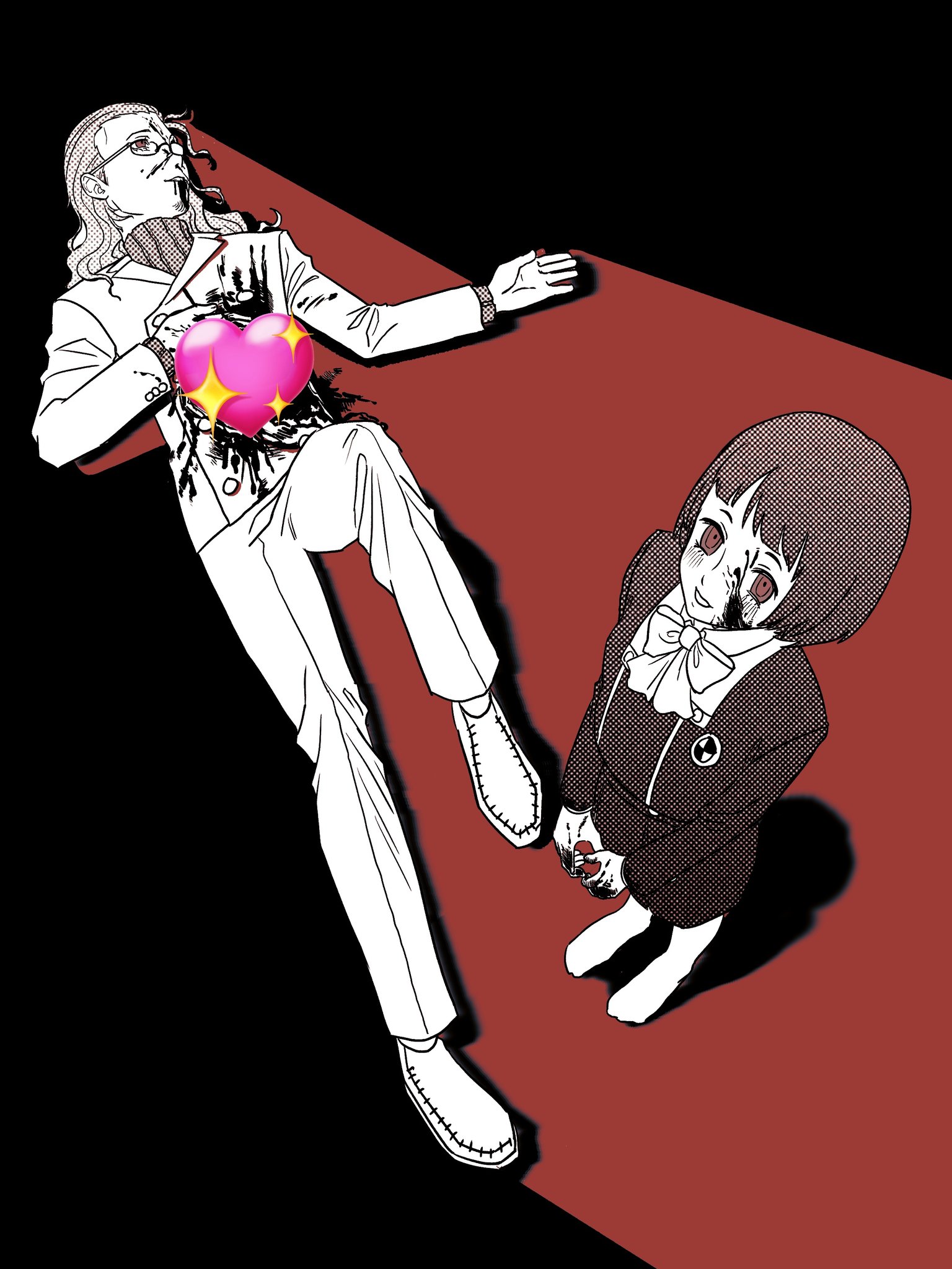 ikutsuki shuuji, original, persona, persona 3, commentary request, highres, 1boy, 1girl, black background, blood, blood on clothes, blood on face, blood on hands, censored, death, emoji, emoji censor, from above, full body, gekkoukan high school uniform, glasses, hand on own chest, jikanet tanaka, long hair, long sleeves, looking at viewer, looking up, lying, monochrome, on back, own hands together, pants, red eyes, school uniform, short hair, simple background, smile, sparkling heart emoji, standing