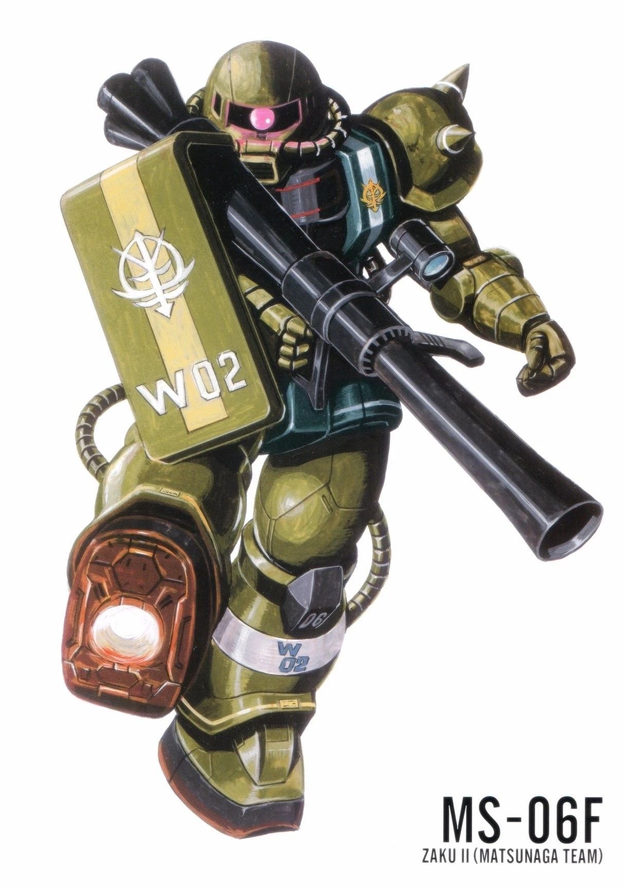 ookawara kunio, zaku ii, gundam, gundam msv, 1980s (style), highres, magazine scan, official art, painting (medium), scan, traditional media, bazooka (gundam), cable, character name, looking at viewer, machinery, mecha, mecha focus, mobile suit, no humans, oldschool, one-eyed, realistic, retro artstyle, robot, roundel, science fiction, scope, shield, thrusters, zeon