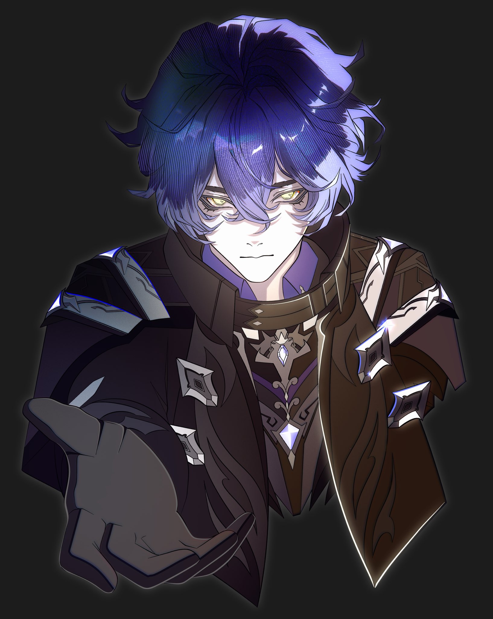 pearlgodaymen, flins (genshin impact), genshin impact, commentary, hashtag-only commentary, highres, 1boy, black background, black gloves, black jacket, blue hair, closed mouth, collared shirt, cropped torso, crossed bangs, double-parted bangs, gloves, hair between eyes, jacket, looking at viewer, male focus, open clothes, open jacket, outstretched arm, outstretched hand, reaching, reaching towards viewer, shirt, simple background, solo, wing collar, yellow eyes