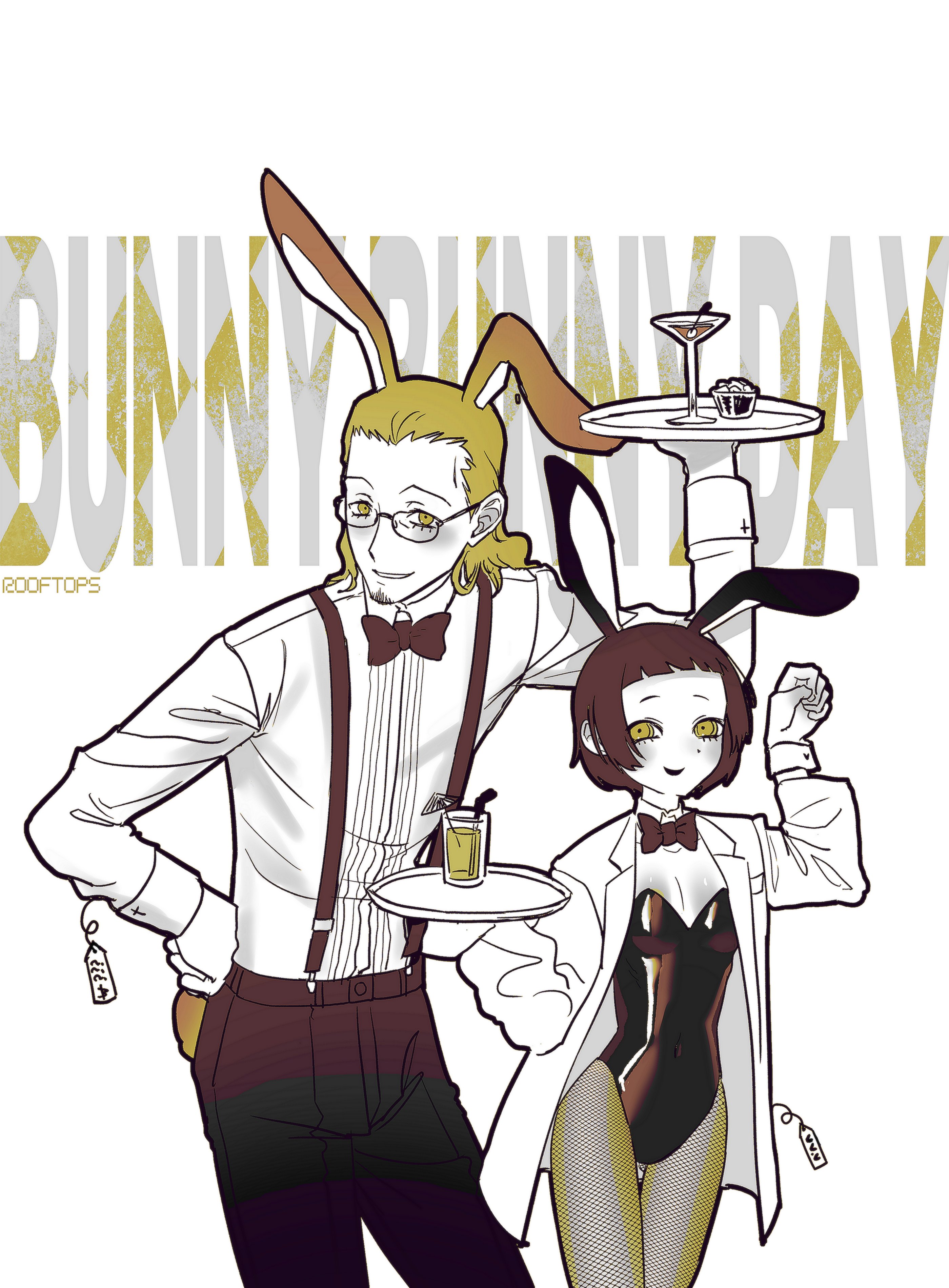 ikutsuki shuuji, original, persona, persona 3, absurdres, commentary request, highres, korean commentary, 1boy, 1girl, alcohol, animal ears, black hair, black pants, blonde hair, bow, bowtie, breasts, bunny day, cleavage, cocktail glass, collared shirt, cup, drinking glass, english text, glasses, holding, holding tray, jikanet tanaka, kemonomimi mode, lab coat, leotard, long hair, long sleeves, looking at viewer, pants, playboy bunny, price tag, rabbit boy, rabbit ears, rabbit girl, rabbit tail, shirt, short hair, simple background, smile, standing, tail, tray, white background, yellow eyes