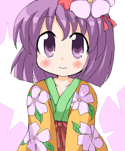 geetsu, hieda no akyuu, perfect memento in strict sense, touhou, 1girl, female focus, flower, hair flower, hair ornament, heida no akyuu, japanese clothes, pink background, purple eyes, purple hair, solo, white background