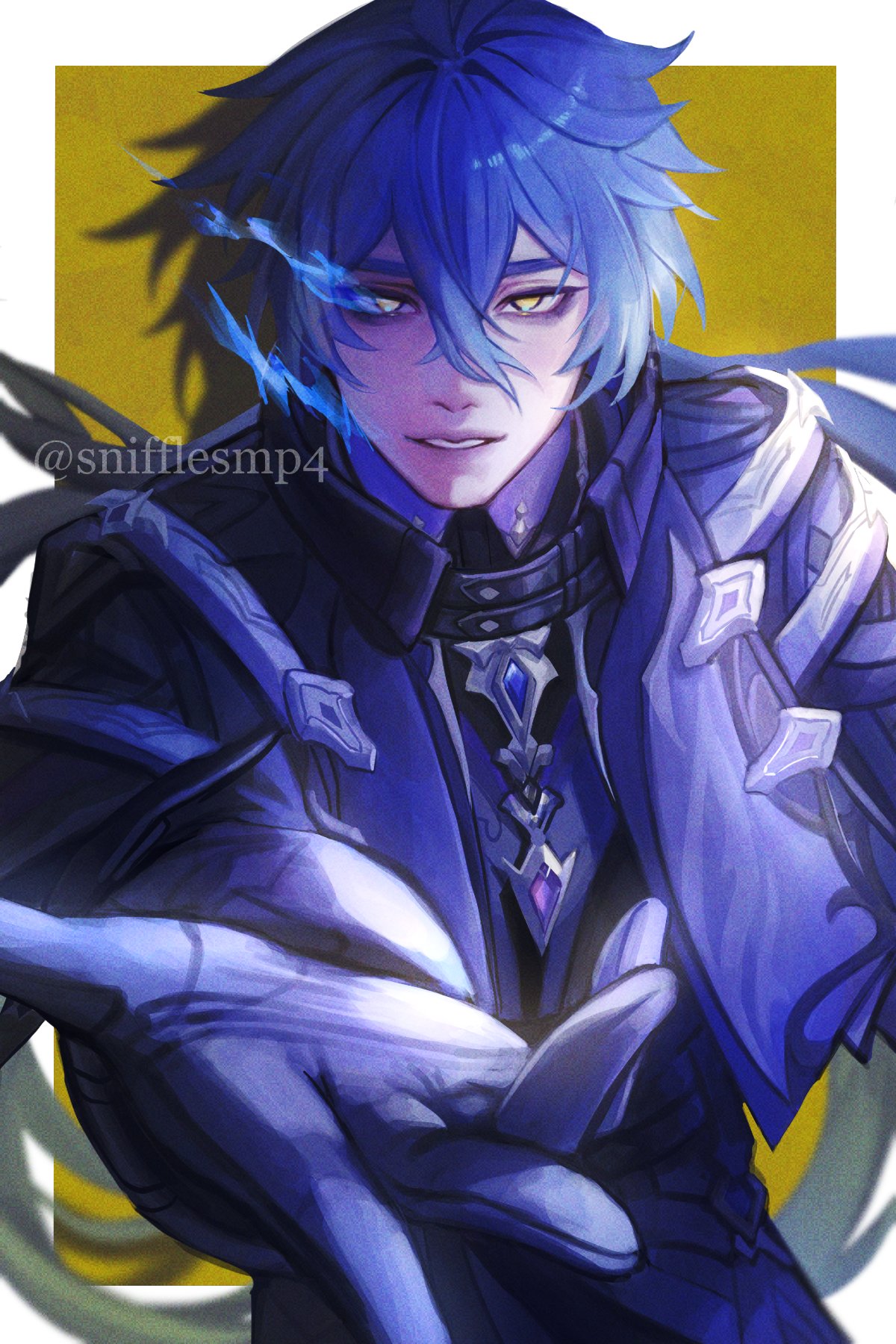 snifflesmp4, flins (genshin impact), genshin impact, commentary, english commentary, highres, 1boy, black gloves, blue gemstone, blue hair, border, collared shirt, cowboy shot, crossed bangs, double-parted bangs, gem, gloves, hair between eyes, jacket, long hair, long sleeves, looking at viewer, male focus, open clothes, open jacket, outside border, outstretched arm, outstretched hand, parted lips, reaching, reaching towards viewer, shirt, solo, teeth, twitter username, very long hair, white border, wing collar