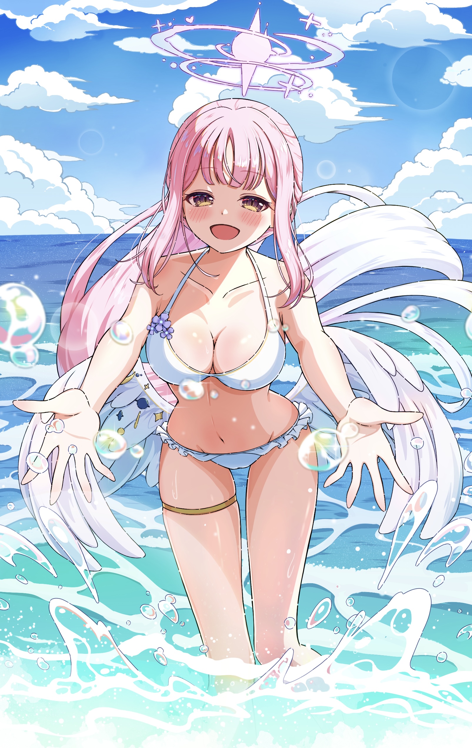 panda 90321, mika (blue archive), blue archive, absurdres, commentary, highres, 1girl, angel wings, beach, bikini, blush, breasts, cleavage, collarbone, feathered wings, frilled bikini, frills, halo, large breasts, long hair, looking at viewer, low wings, navel, open mouth, outstretched arms, pink halo, smile, solo, spread arms, stomach, swimsuit, very long hair, wet, white bikini, white wings, wing ornament, wings, yellow eyes