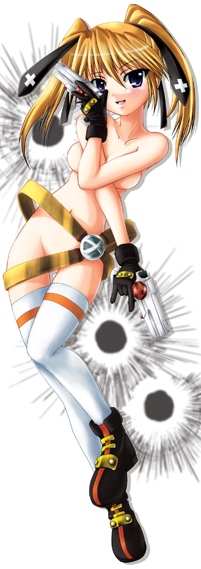 kurogane (blackxsilver), kurogane (majesticrune), cross mirage, teana lanster, lyrical nanoha, mahou shoujo lyrical nanoha, mahou shoujo lyrical nanoha strikers, 00s, 1girl, belt, belt skirt, breasts, dual wielding, female focus, gun, holding, medium breasts, naked belt, solo, thighhighs, topless female, weapon