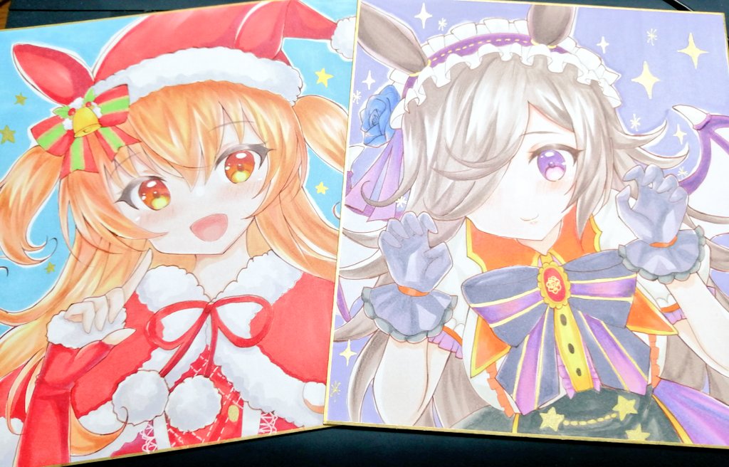 terimuku, mayano top gun (formation: party) (umamusume), mayano top gun (umamusume), rice shower (make up vampire!) (umamusume), rice shower (umamusume), umamusume, commentary request, photo (medium), traditional media, 2girls, :d, animal ears, bat wings, black bow, black hair, black skirt, bow, capelet, claw pose, closed mouth, dress, fake animal ears, fingerless gloves, fur-trimmed capelet, fur-trimmed gloves, fur-trimmed headwear, fur trim, gloves, hair between eyes, hair over one eye, hands up, hat, horse ears, long hair, multiple girls, open mouth, orange hair, puffy short sleeves, puffy sleeves, purple eyes, purple gloves, red capelet, red dress, red eyes, red gloves, red hat, santa costume, santa hat, shikishi, shirt, short sleeves, skirt, smile, sparkle, striped bow, two side up, upper body, white shirt, white wings, wings
