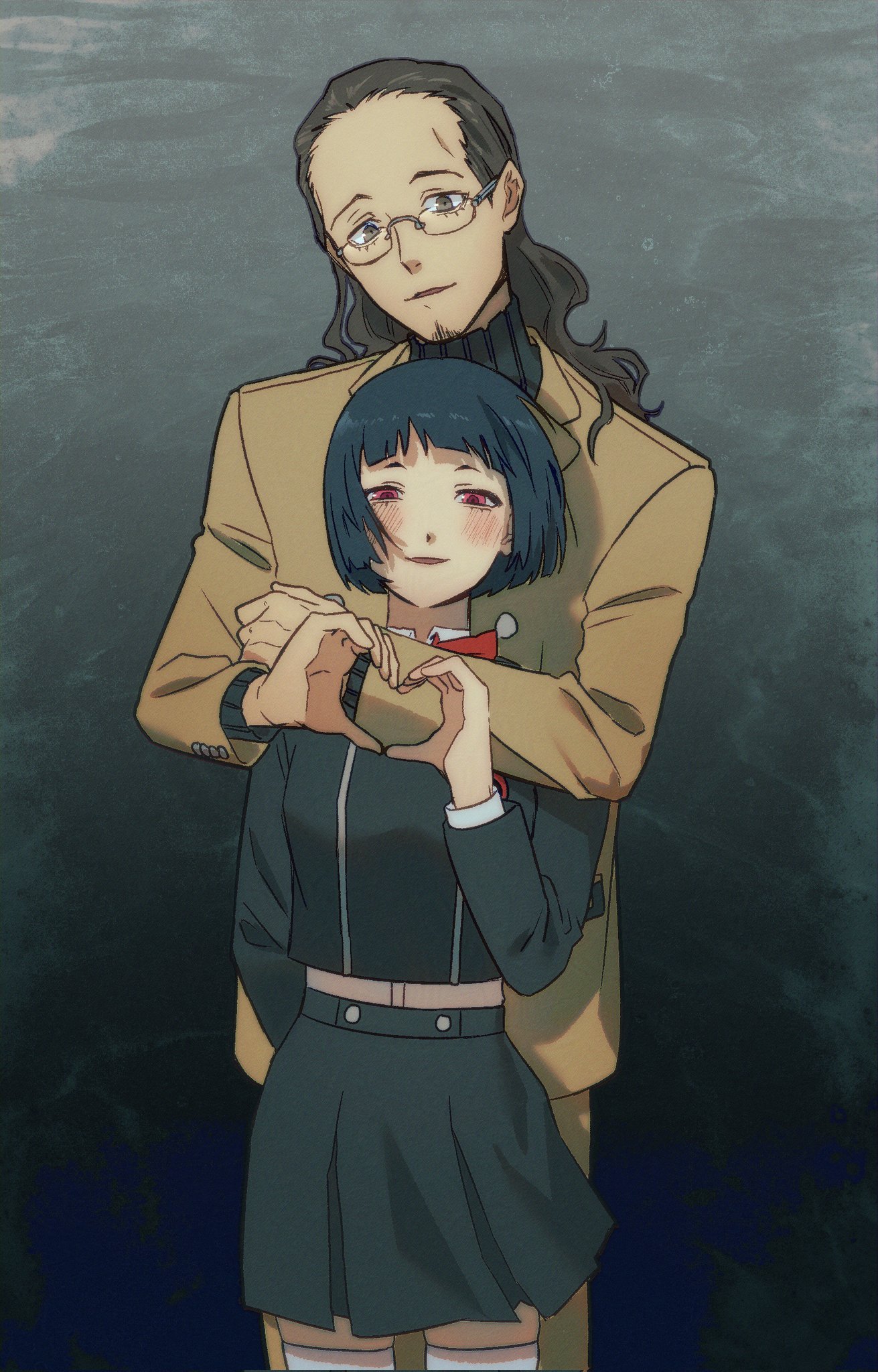 ikutsuki shuuji, original, persona, persona 3, commentary request, highres, korean commentary, 1boy, 1girl, age difference, black hair, blush, brown eyes, brown hair, closed mouth, facial hair, gekkoukan high school uniform, glasses, heart, heart hands, heart hands duo, hetero, jikanet tanaka, long hair, long sleeves, looking at viewer, pants, red eyes, school uniform, short hair, smile, standing