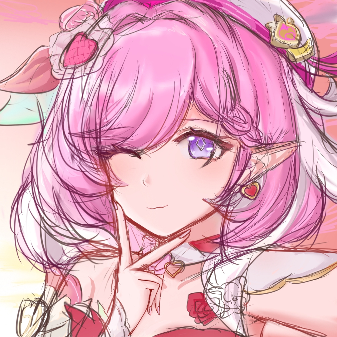 elysia (honkai impact), honkai (series), honkai impact 3rd, chinese commentary, commentary request, 1girl, ;), bare shoulders, daisy (limerance123), earrings, elf, hat, heart, heart earrings, jewelry, long hair, looking at viewer, multicolored hair, one eye closed, pink hair, pointy ears, purple eyes, smile, solo, two-tone hair, upper body, v, v over mouth, white hair, white hat