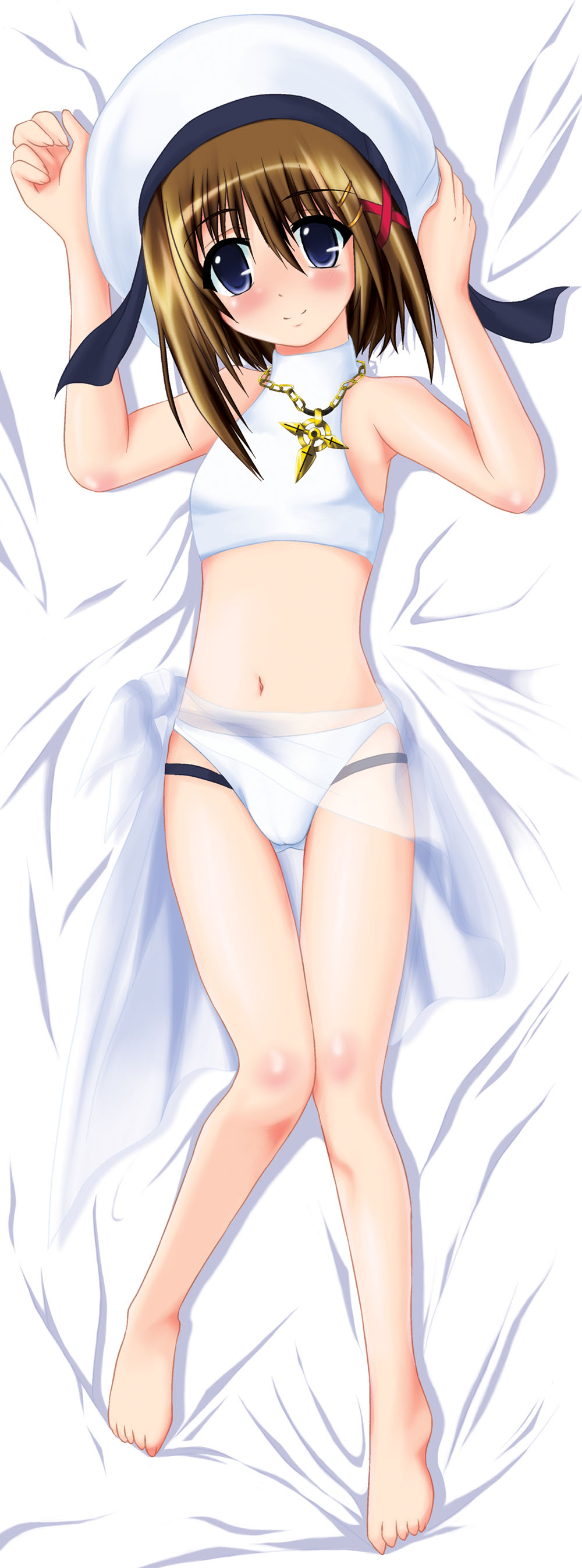 kurogane (blackxsilver), kurogane (majesticrune), yagami hayate, lyrical nanoha, mahou shoujo lyrical nanoha, mahou shoujo lyrical nanoha a's, absurdres, highres, 00s, 1girl, barefoot, bikini, blue eyes, brown hair, feet, female focus, flat chest, hair ornament, solo, swimsuit, x hair ornament