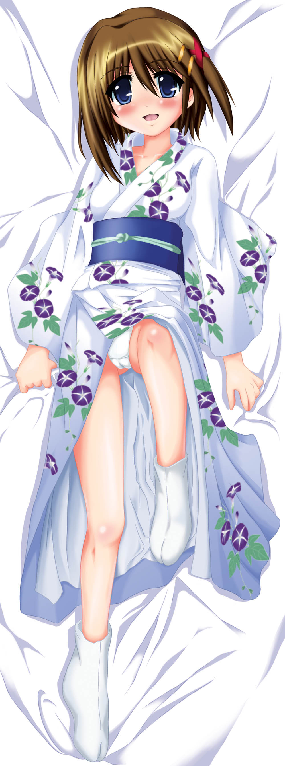 kurogane (blackxsilver), kurogane (majesticrune), yagami hayate, lyrical nanoha, mahou shoujo lyrical nanoha, mahou shoujo lyrical nanoha a's, absurdres, highres, 00s, 1girl, female focus, hair ornament, japanese clothes, kimono, panties, solo, underwear, x hair ornament