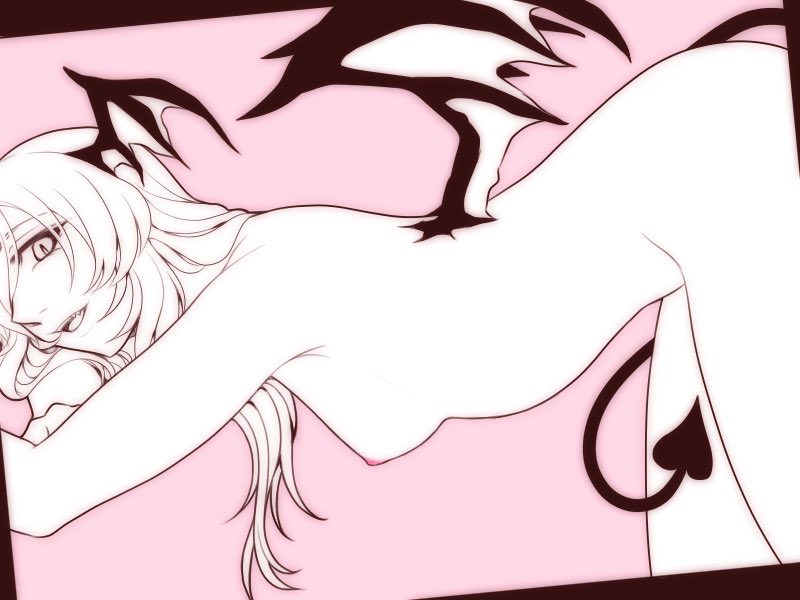 neko majin, koakuma, touhou, commentary request, 1girl, bent over, breasts, completely nude, cowboy shot, demon girl, demon tail, demon wings, hair over one eye, head wings, leaning forward, long hair, looking at viewer, looking to the side, low wings, medium breasts, nipples, nude, open mouth, pink theme, smile, solo, tail, wings