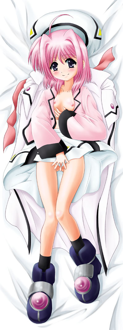 kurogane (blackxsilver), kurogane (majesticrune), caro ru lushe, lyrical nanoha, mahou shoujo lyrical nanoha, mahou shoujo lyrical nanoha strikers, 00s, 1girl, breasts, female focus, loli, medium breasts, nipples, no panties, open clothes, open shirt, shirt, solo