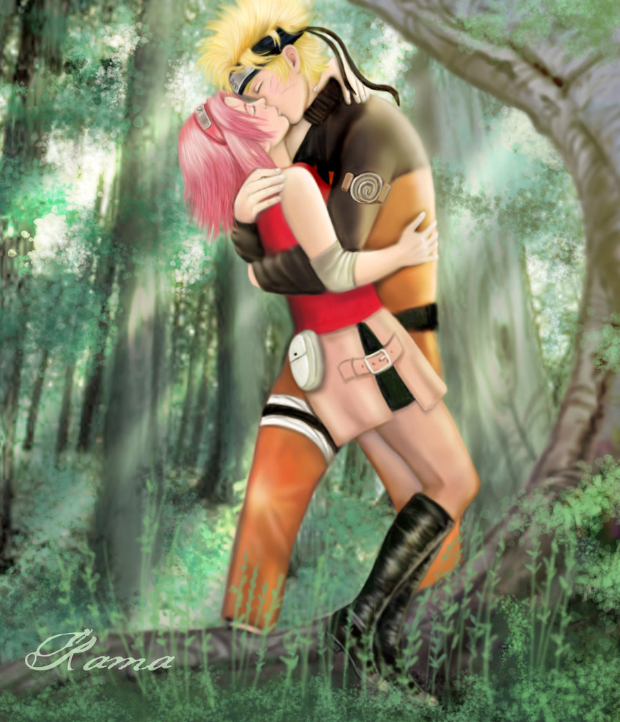haruno sakura, uzumaki naruto, naruto (classic), naruto (series), non-web source, source request, 1boy, 1girl, artist name, couple, day, forest, hetero, hug, kiss, nature, pink hair