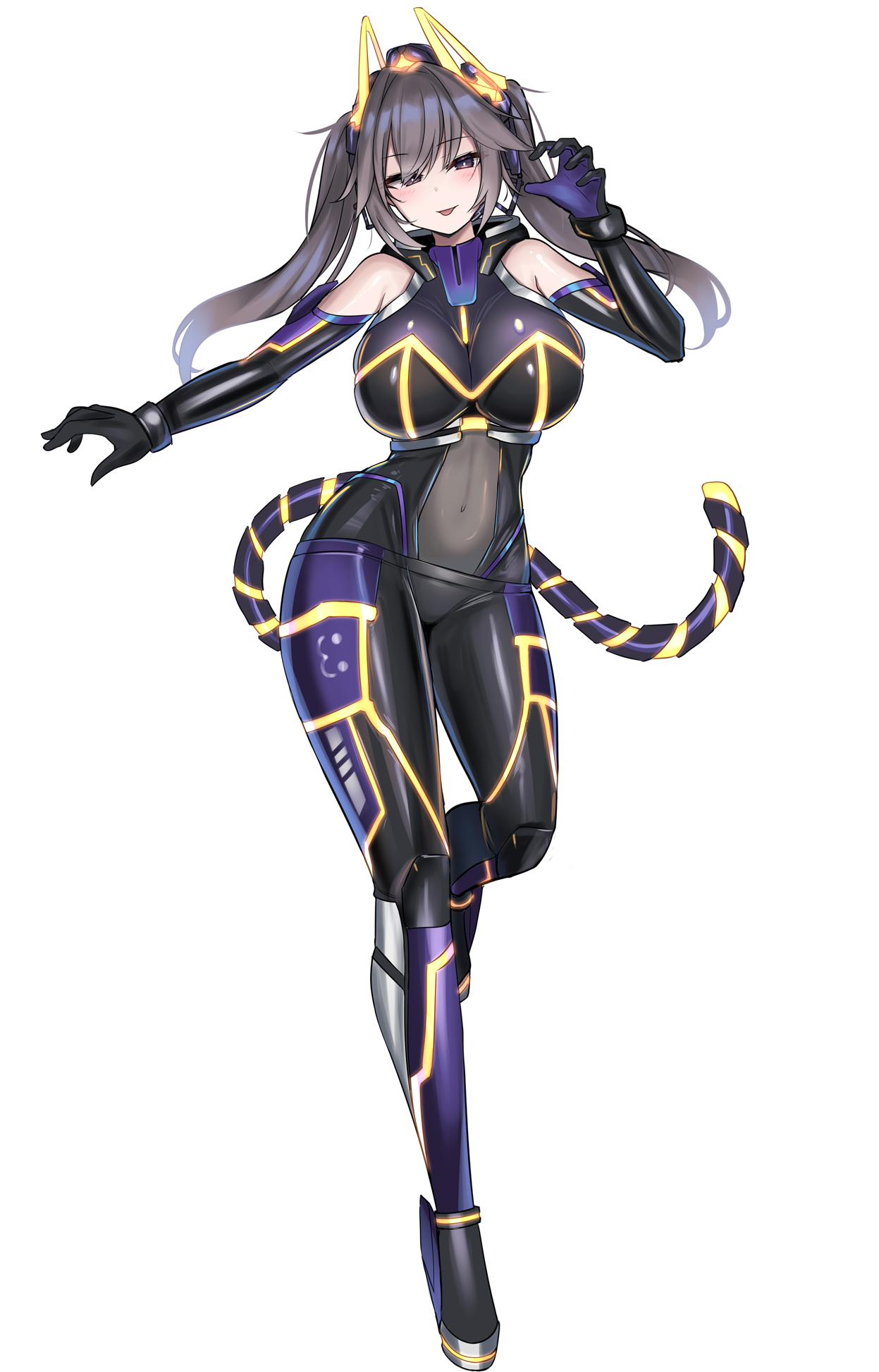 kutan, i:p masquerena, yu-gi-oh!, yu-gi-oh! master duel, highres, 1girl, bare shoulders, blush, breasts, brown eyes, brown hair, cat mask, duel monster, fake tail, gloves, jacket, large breasts, long hair, looking at viewer, mask, mechanical tail, multicolored pants, multicolored shirt, navel, pants, purple gloves, purple pants, see-through clothes, see-through jacket, smile, solo, tail, tight clothes, tight pants, tongue, tongue out, twintails