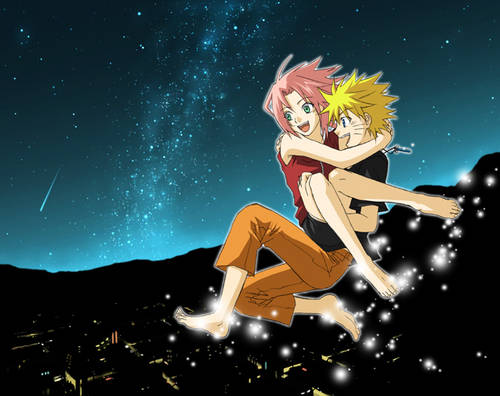natsudori, haruno sakura, uzumaki naruto, naruto (classic), naruto (series), lowres, couple, flying, night, star (symbol)
