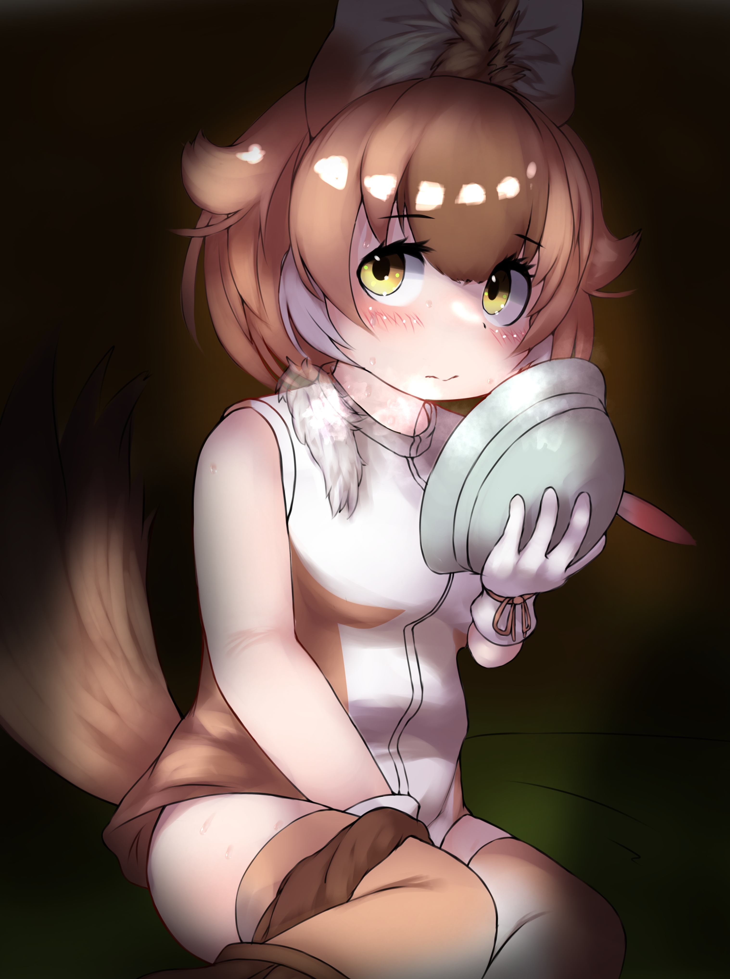 takara (takara0508), dhole (kemono friends), kemono friends, absurdres, commentary request, highres, 1girl, animal ear fluff, animal ears, blush, borrowed clothes, breasts, brown hair, brown panties, brown thighhighs, closed mouth, dog ears, dog girl, dog tail, feet out of frame, female masturbation, gloves, grey hat, hat, helmet, holding, holding unworn clothes, holding unworn hat, looking at viewer, masturbation, medium breasts, panties, panties around leg, pith helmet, shirt, short hair, sleeveless, sleeveless shirt, solo, tail, thighhighs, underwear, unworn hat, unworn headwear, white gloves, white shirt, yellow eyes