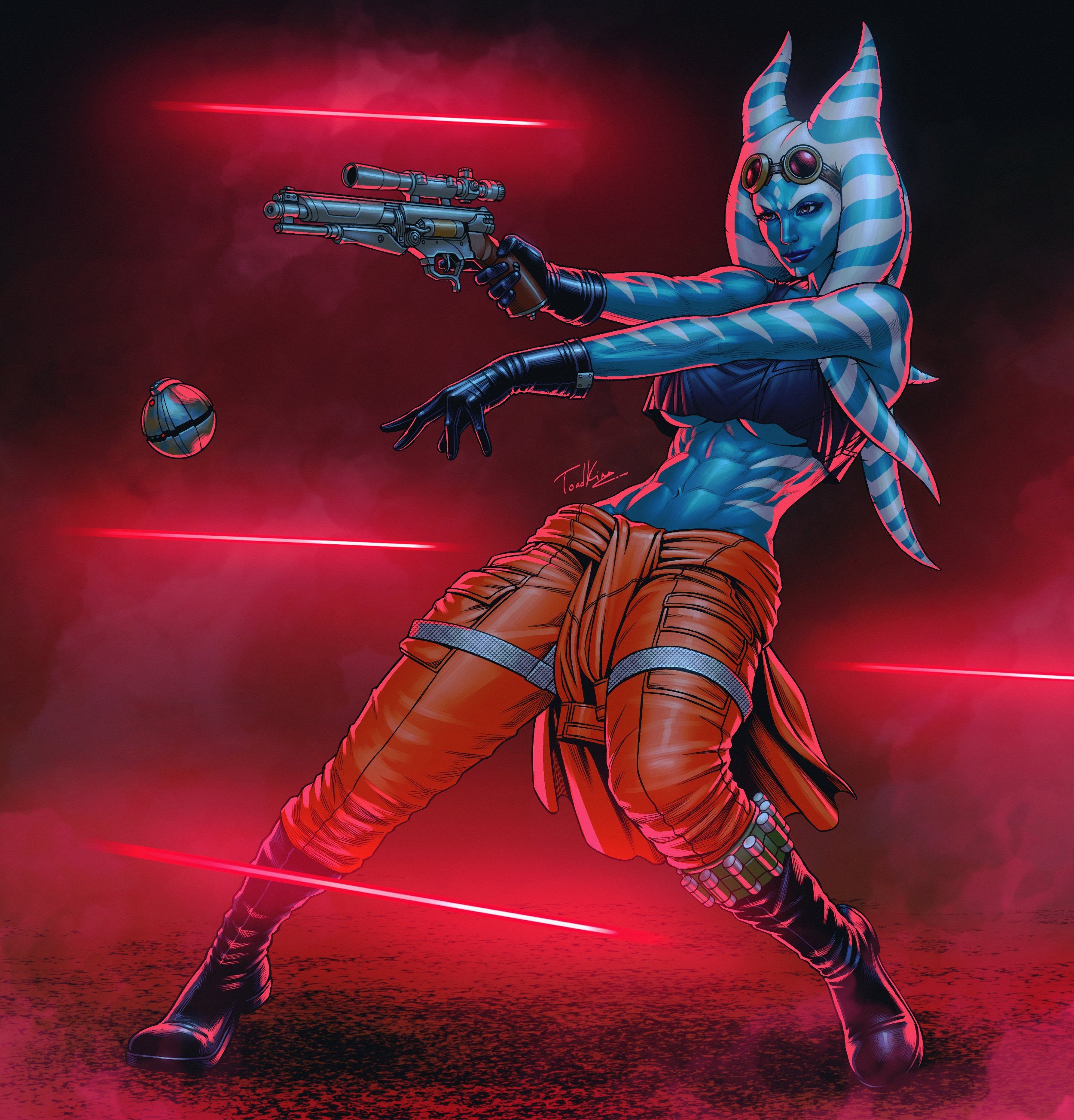 togruta, star wars, absurdres, highres, 1girl, abs, alien, black boots, black gloves, black shirt, blue skin, boots, colored skin, crop top, damntoadking, full body, gloves, goggles, goggles on head, gun, holding, holding gun, holding weapon, laser, orange pants, pants, shirt, signature, soko vaash, weapon