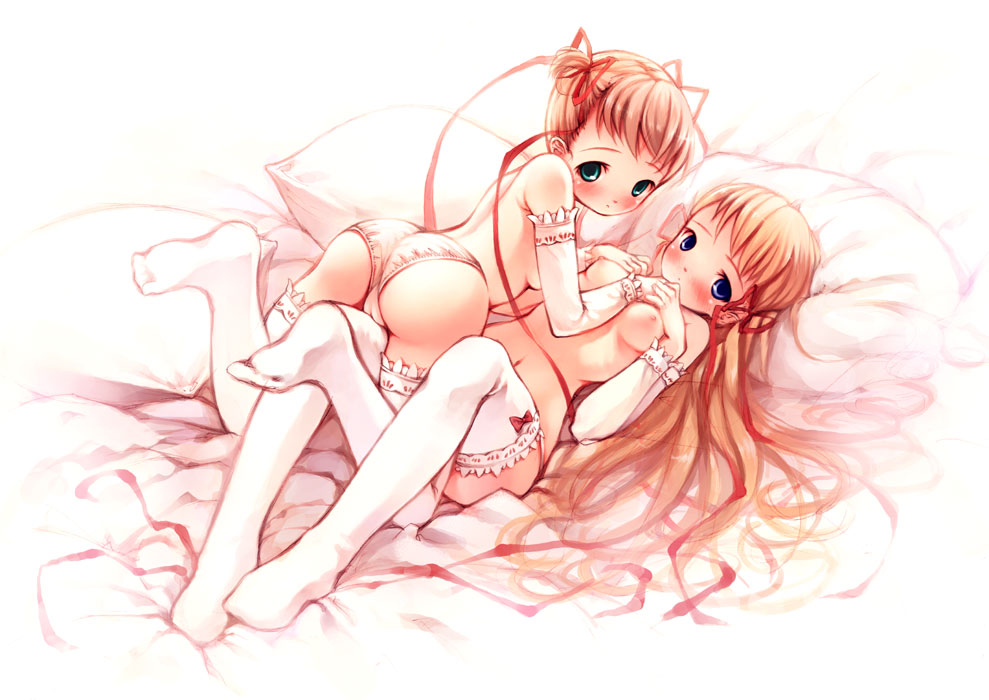 yoshinari atsushi, white legwear, 2girls, ass, bed, blue eyes, blush, breasts, cameltoe, detached sleeves, double bun, green eyes, hair bun, hair ribbon, lingerie, long hair, lying, multiple girls, navel, nipples, on back, panties, pillow, ribbon, small breasts, straddling, thigh straddling, thighhighs, topless female, twintails, underwear, yuri