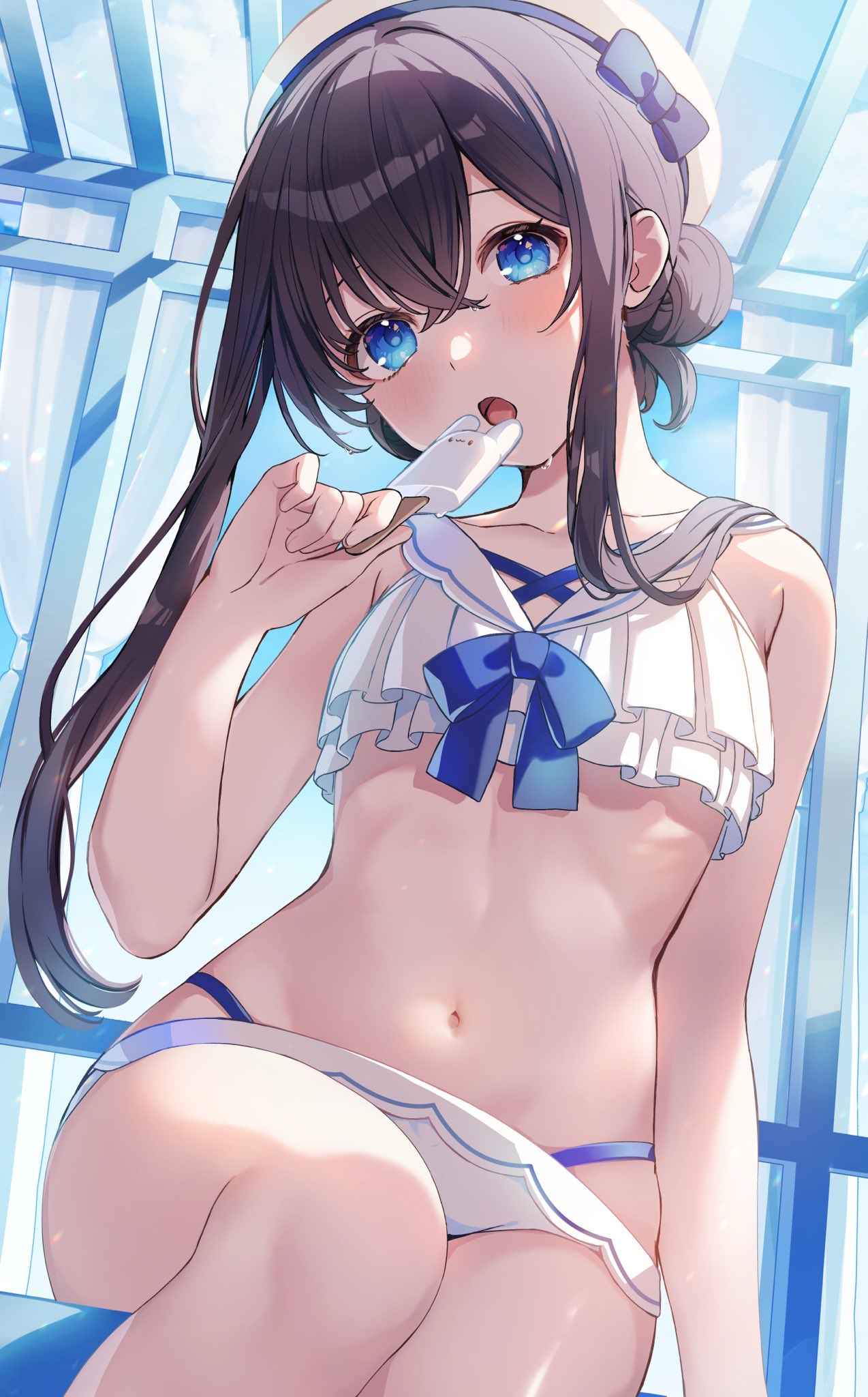 aoto neko, original, highres, 1girl, animal-themed food, beret, bikini, black hair, blue bow, blue eyes, blush, bow, collarbone, criss-cross halter, double bun, eating, food, frilled bikini, frills, hair bun, halterneck, hat, hat bow, holding, holding food, holding popsicle, linea alba, long sidelocks, navel, open mouth, popsicle, sidelocks, sitting, solo, swimsuit, tongue, white bikini, white hat, window