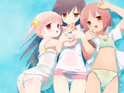 lowres, 3girls, blush, brown eyes, brown hair, flat chest, loli, long hair, multiple girls, navel, open mouth, pink hair, red eyes, red hair, short hair, smile, swimsuit, wet