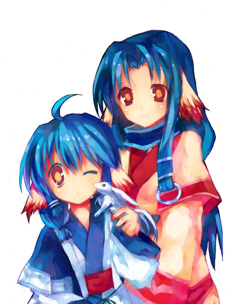 tsuchiya akira, aruruu, eruruu, utawarerumono, 00s, ahoge, animal ears, blue hair, dog ears, japanese clothes, layered sleeves