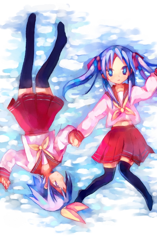 tsuchiya akira, hiiragi kagami, hiiragi tsukasa, lucky star, black legwear, 00s, 2girls, blue eyes, bow, hair bow, hair ribbon, holding hands, long hair, lying, midriff, multiple girls, navel, pleated skirt, purple hair, ribbon, school uniform, serafuku, short hair, siblings, sisters, skirt, tareme, thighhighs, tsurime, twins, twintails, zettai ryouiki