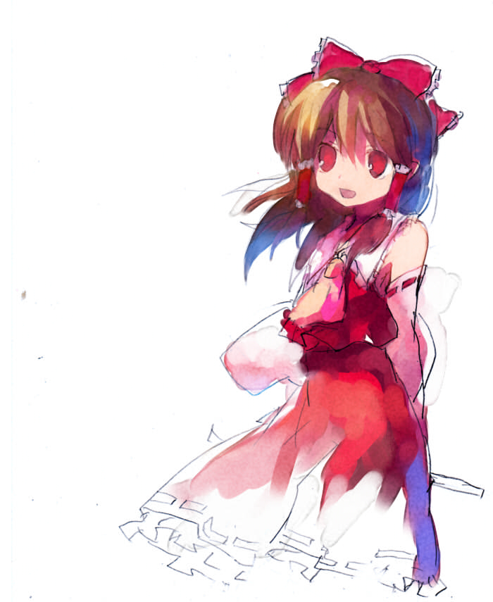 tsuchiya akira, hakurei reimu, touhou, 1girl, bow, detached sleeves, female focus, frills, hair bow, japanese clothes, miko, partially colored, skirt, solo, white background