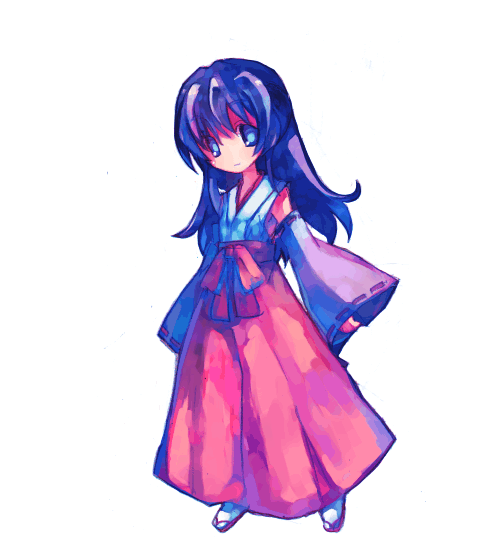 tsuchiya akira, hanyuu, higurashi no naku koro ni, 00s, 1girl, blue eyes, detached sleeves, female focus, hakama, hakama skirt, horns, japanese clothes, kimono, long hair, miko, purple hair, red hakama, skirt, solo, tabi