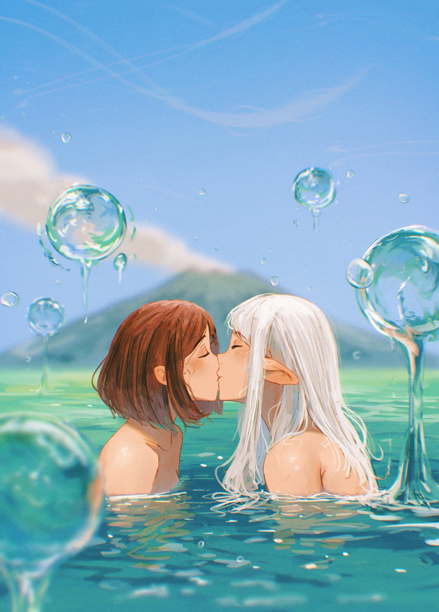 spindle (aidenr0), asimov (spindle (aidenr0)), ottilie (spindle (aidenr0)), original, alt text, commentary, english commentary, highres, 2girls, blue sky, blurry, blurry background, blush, brown hair, bubble, closed eyes, day, from side, kiss, long hair, medium hair, multiple girls, nude, outdoors, partially submerged, pointy ears, profile, sky, upper body, volcano, water, wet, wet hair, white hair, yuri
