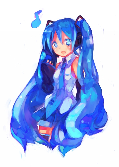 tsuchiya akira, hatsune miku, vocaloid, blue eyes, blue hair, detached sleeves, headphones, kneeling, long hair, music, necktie, singing, skirt, solo, thighhighs, twintails, very long hair