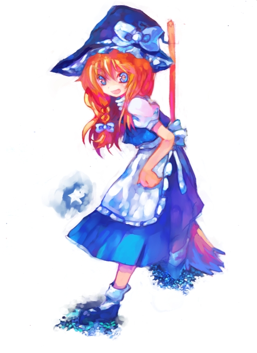 tsuchiya akira, kirisame marisa, touhou, 1girl, apron, blue dress, blue eyes, bow, braid, broom, dress, female focus, full body, hair bow, hat, long hair, maid, maid apron, orange hair, solo, standing, white background, witch, witch hat
