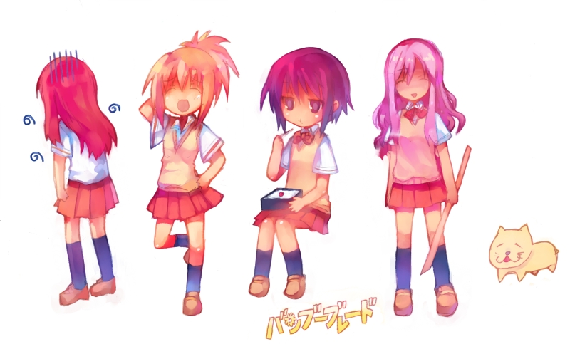 tsuchiya akira, chiba kirino, kawazoe tamaki, kuwahara sayako, miyamura miyako, miyazaki miyako, bamboo blade, black legwear, 00s, 4girls, arm behind back, aura, bow, chopsticks, eating, full body, hand on own hip, loafers, long hair, multiple girls, pink hair, pleated skirt, ponytail, school uniform, shaded face, shoes, short hair, short sleeves, simple background, sitting, skirt, standing, standing on one leg, sword, vest, weapon, wooden sword