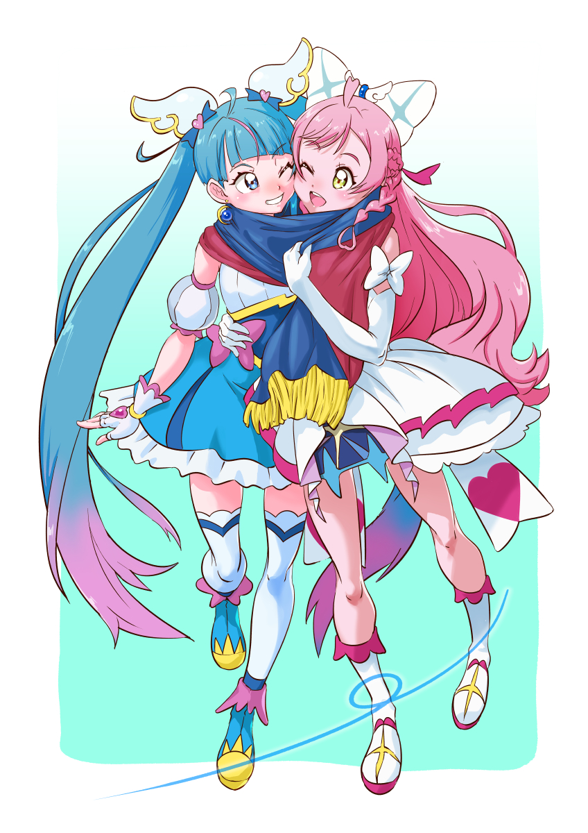 shimotsuki juugo, cure prism, cure sky, nijigaoka mashiro, sora harewataru, hirogaru sky! precure, precure, highres, 2girls, ankle boots, arm around waist, blue boots, blue cape, blue dress, blue eyes, blue hair, boots, bow, braid, cape, cheek-to-cheek, crown braid, cut bangs, detached sleeves, dress, dress bow, earrings, elbow gloves, fingerless gloves, frilled dress, frills, fringe trim, glove bow, gloves, gradient hair, green eyes, grin, hair bow, hair ornament, heads together, jewelry, knee boots, layered dress, long hair, looking at another, magical girl, multicolored hair, multiple girls, one eye closed, open mouth, pink bow, pink hair, puffy detached sleeves, puffy sleeves, red cape, shared cape, shared clothes, short dress, side-by-side, side braids, single sidelock, sleeveless, sleeveless dress, smile, standing, streaked hair, thighhighs, twintails, two-sided cape, two-sided fabric, two-tone dress, two-tone hair, very long hair, white boots, white bow, white dress, white gloves, white thighhighs, wing hair ornament