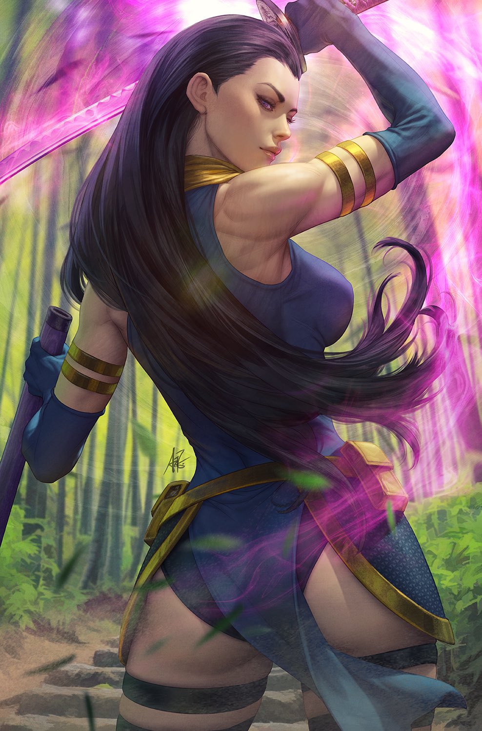 stanley lau, psylocke, marvel, highres, 1girl, bamboo, bamboo forest, black hair, cowboy shot, forest, from behind, hair slicked back, holding, holding sheath, holding sword, holding weapon, katana, leotard, long hair, looking at viewer, looking back, nature, outdoors, sheath, solo, standing, sword, thigh strap, toned, toned female, weapon