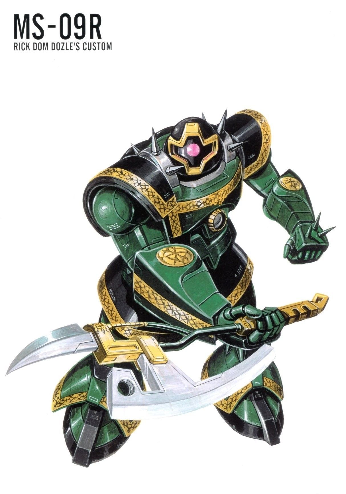 ookawara kunio, rick dom, gundam, gundam msv, 1980s (style), highres, magazine scan, official art, painting (medium), scan, traditional media, character name, color variation, heat hawk, machinery, mecha, mecha focus, mobile suit, no humans, oldschool, one-eyed, realistic, retro artstyle, rick dom dozle custom, robot, roundel, science fiction, spikes, zeon