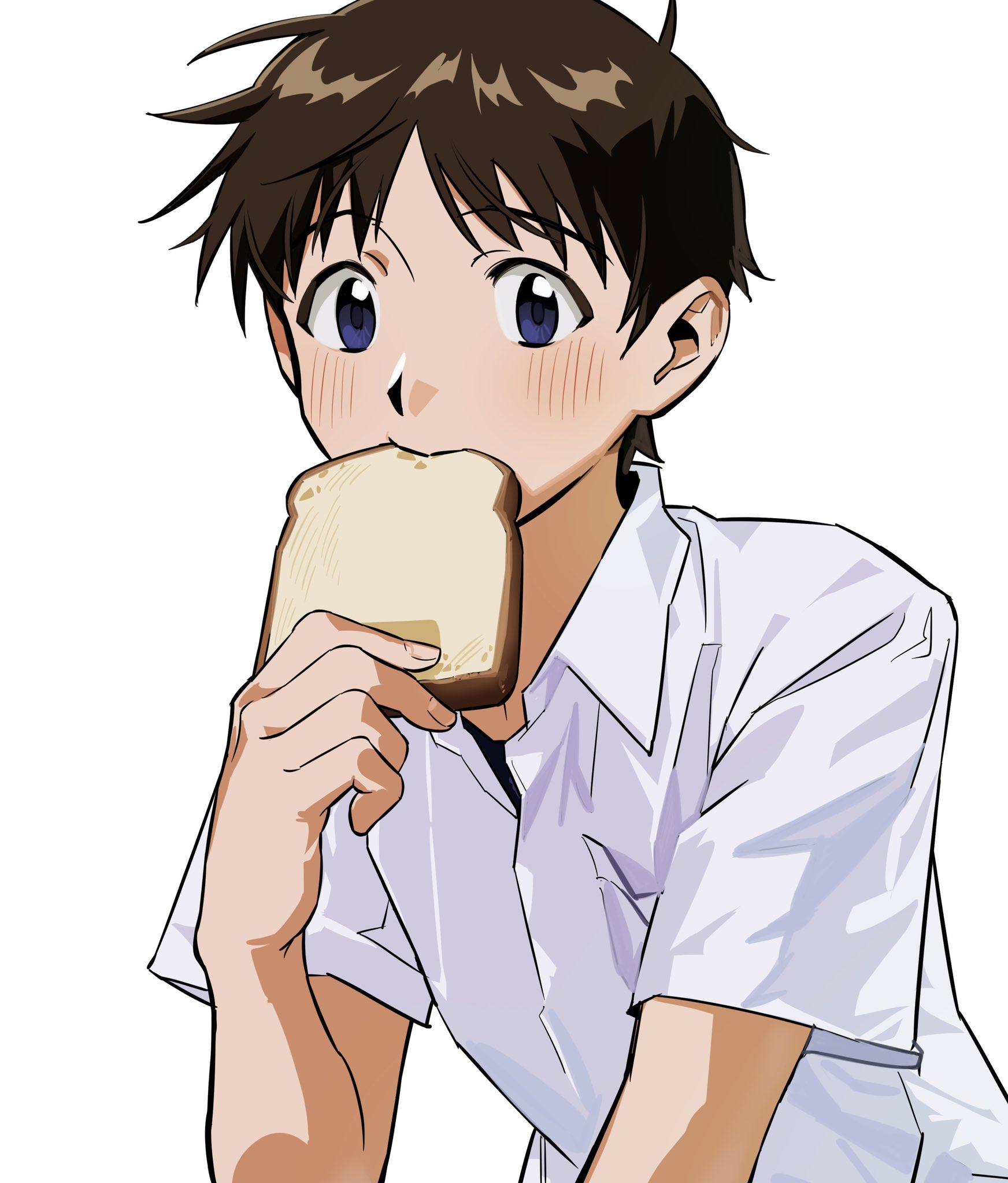 killua0u0, ikari shinji, neon genesis evangelion, highres, 1boy, blue eyes, blush, bread, bread slice, brown hair, collared shirt, food, food in mouth, holding, holding food, looking at viewer, male focus, mouth hold, parted bangs, shirt, short hair, short sleeves, simple background, solo, toast, toast in mouth, upper body, white background, whtie shirt, wing collar