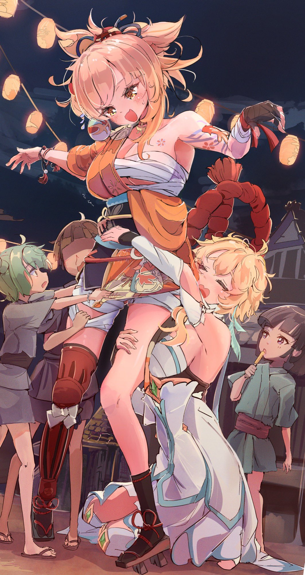 hooriyuu, lumine (genshin impact), yoimiya (genshin impact), genshin impact, highres, 1boy, 4girls, asymmetrical legwear, black socks, black thighhighs, blonde hair, boots, breasts, chest sarashi, closed eyes, hand wraps, looking at another, multiple girls, night, night sky, open mouth, sandals, sarashi, short sleeves, single bare shoulder, single sleeve, sky, smile, socks, standing, sweat, thigh boots, thighhighs, uneven legwear, white boots, yellow eyes