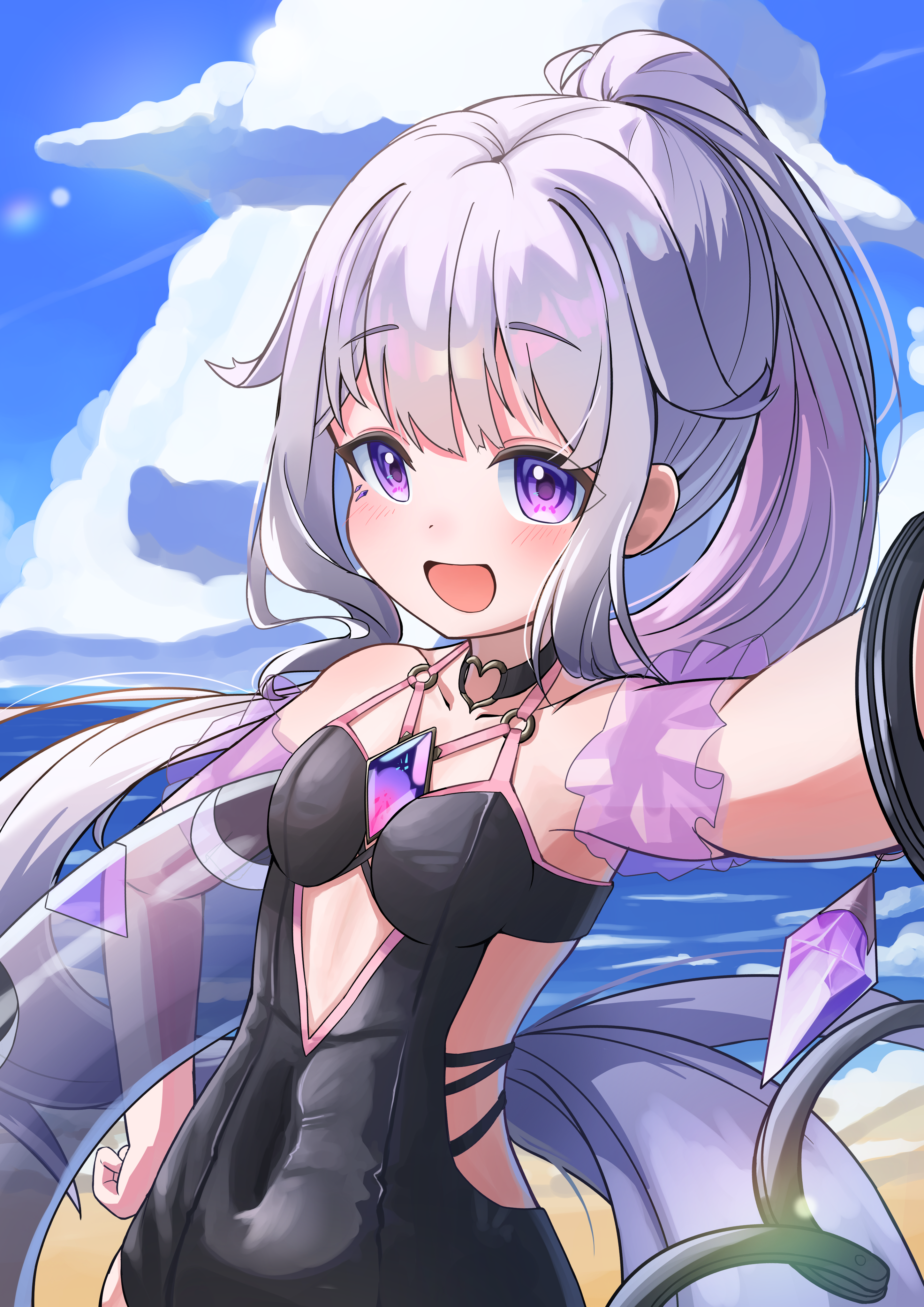 uminonin46978, koseki bijou, koseki bijou (holonatsu paradise), hololive, hololive english, holonatsu paradise, absurdres, highres, 1girl, :d, beach, black choker, black one-piece swimsuit, blue sky, blush, breasts, chest jewel, choker, cloud, covered navel, day, gem, hand on own hip, innertube, long hair, looking at viewer, multicolored hair, ocean, official alternate costume, official alternate hairstyle, one-piece swimsuit, open mouth, outdoors, ponytail, purple eyes, purple gemstone, sidelocks, sky, small breasts, smile, solo, swim ring, swimsuit, very long hair, virtual youtuber