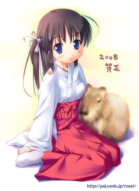 takoyaki (roast), 00s, 1girl, 2008, blue eyes, capybara, female focus, hair ribbon, hakama, hakama skirt, japanese clothes, miko, new year, red hakama, ribbon, skirt, socks, solo, tabi