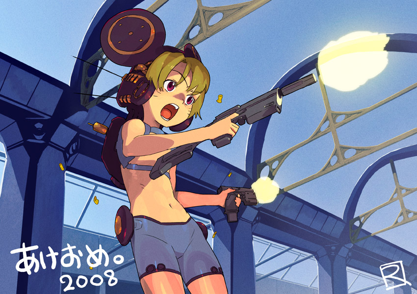 ryo chimo, 00s, 1girl, 2008, akeome, bike shorts, casing ejection, dual wielding, female focus, firing, gun, handgun, hands on own hips, happy new year, holding, holding gun, holding weapon, machine gun, midriff, muzzle flash, new year, open mouth, pistol, shell casing, solo, submachine gun, weapon