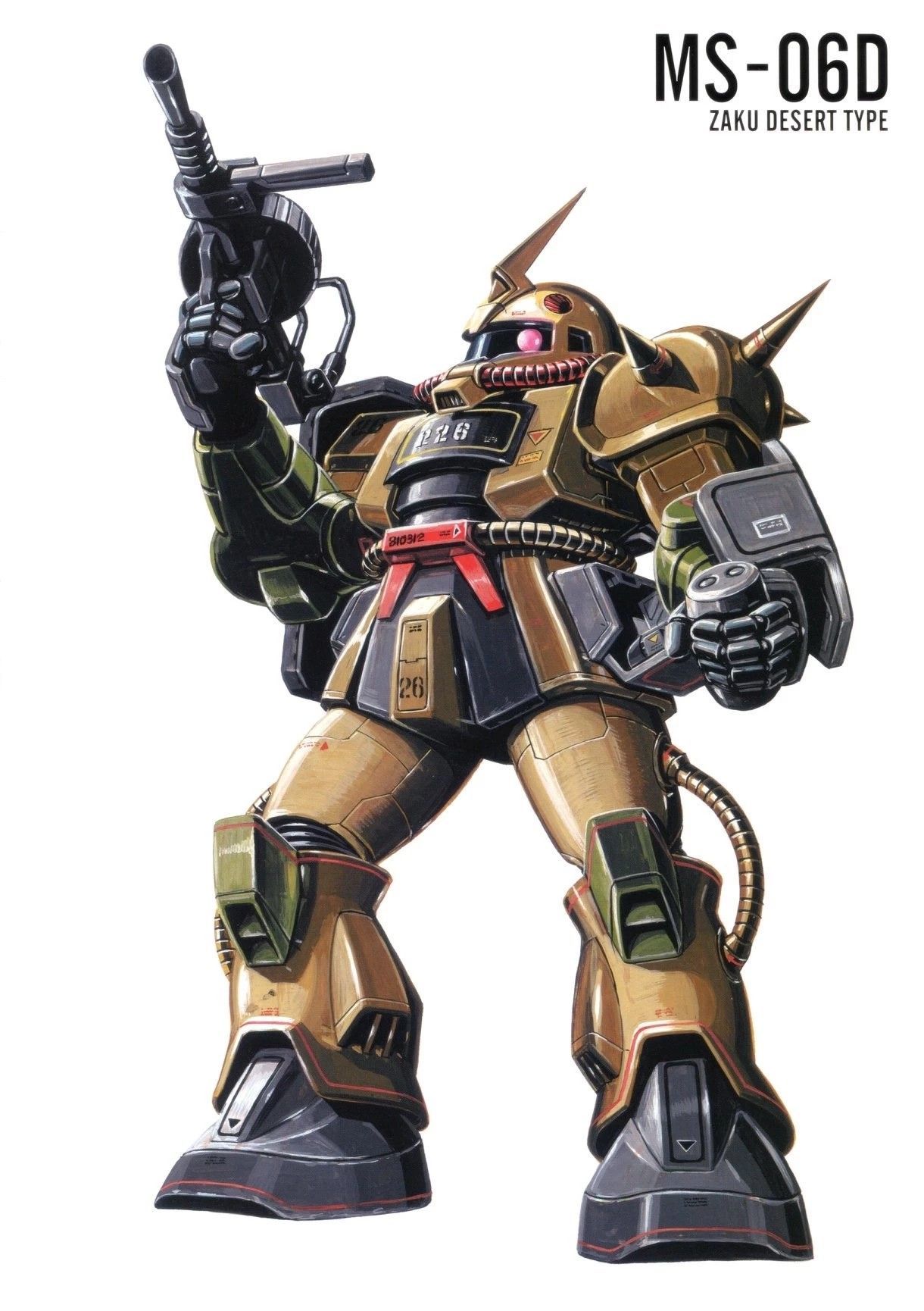 ookawara kunio, zaku desert type, zaku ii, gundam, gundam msv, 1980s (style), highres, magazine scan, official art, painting (medium), scan, traditional media, cable, character name, explosive, grenade, gun, holding, holding grenade, machine gun, machinery, mecha, mecha focus, mobile suit, no humans, oldschool, one-eyed, radio antenna, realistic, retro artstyle, robot, roundel, science fiction, shoulder spikes, spikes, weapon, zeon